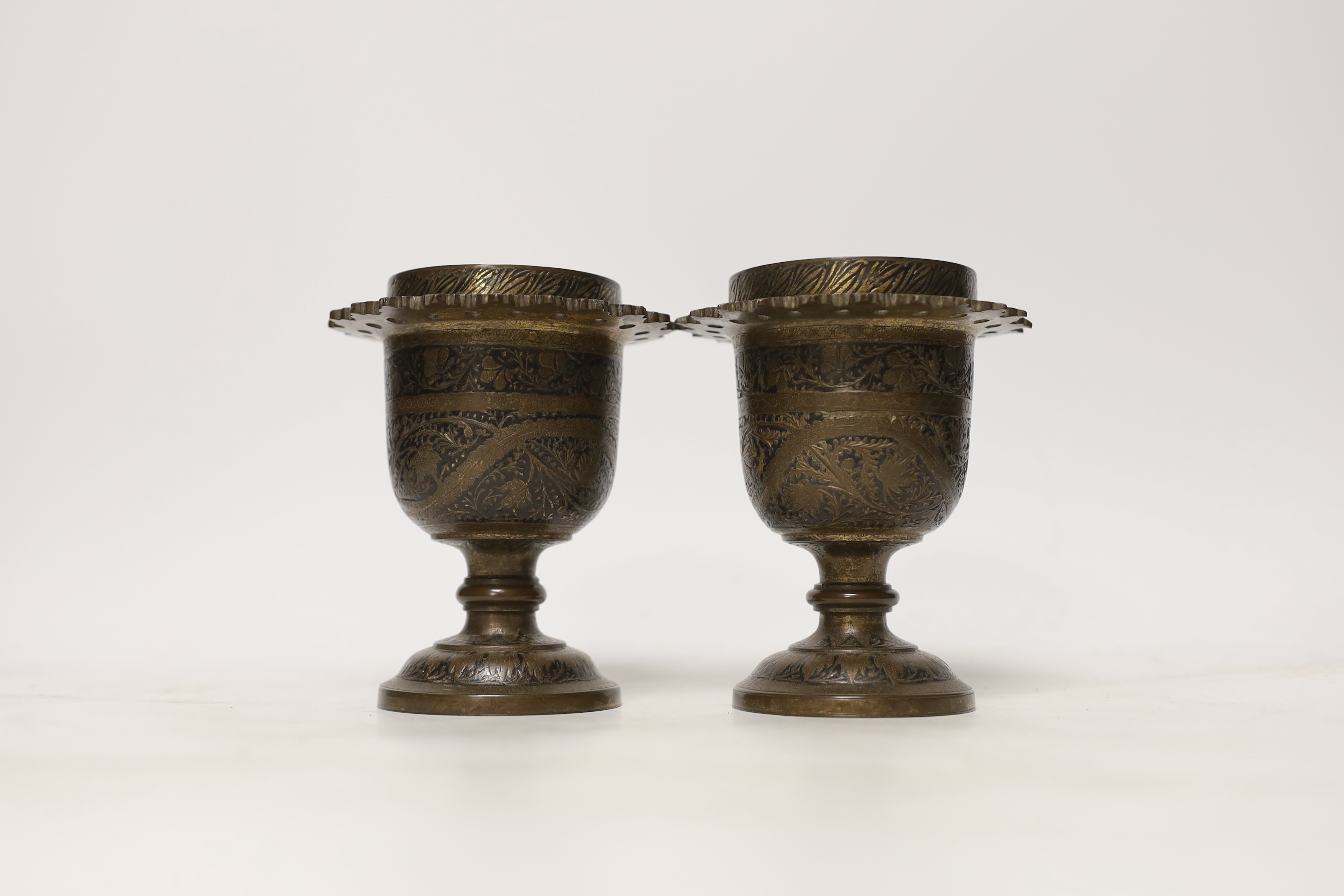 A pair of late 19th century Indian brass vases, 12cm high